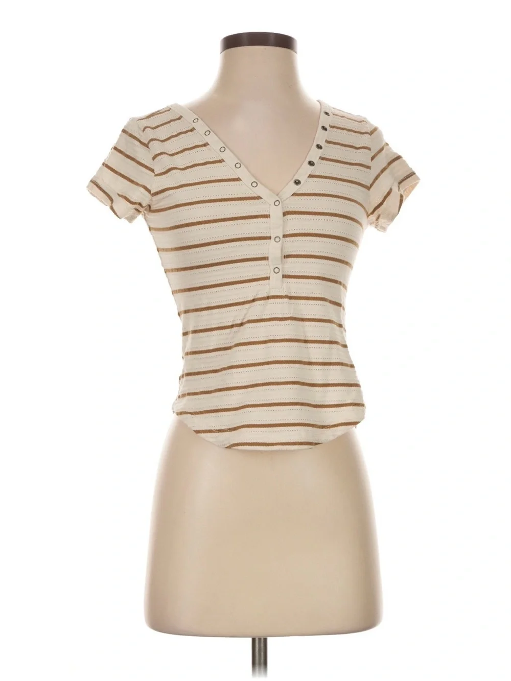 Pilcro Cream and Brown Striped V-Neck Short Sleeve Tee